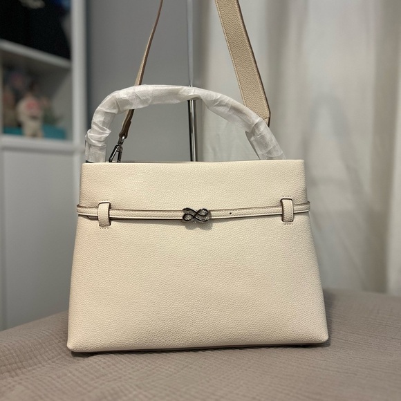 Cream Shoulder Bag with Silver Hardware and Top Handle - Picture 2 of 6